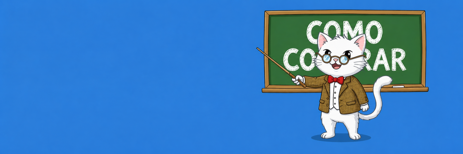 Gato professor apontando para lousa com o texto Como Comprar