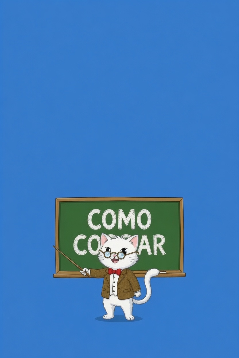 Gato professor apontando para lousa com o texto Como Comprar