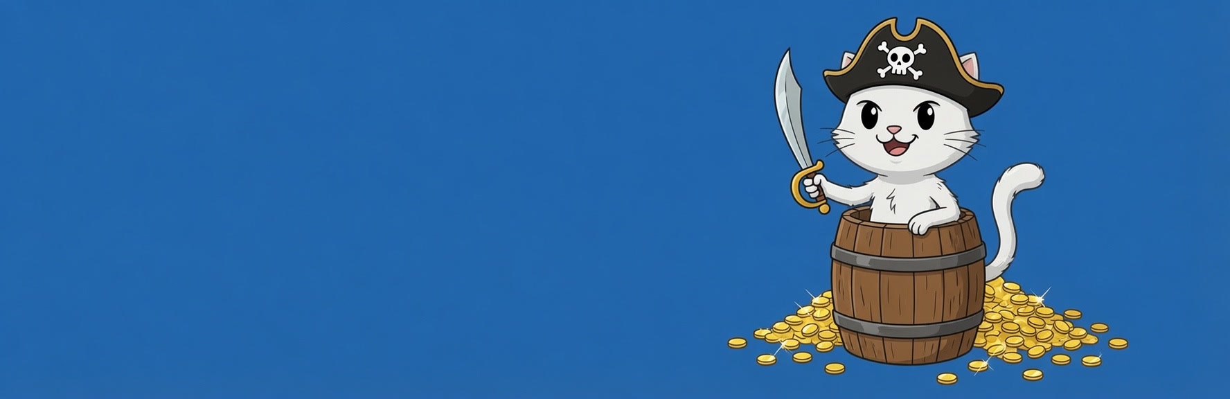 Banner gato pirata em um barril de moedas de ouro