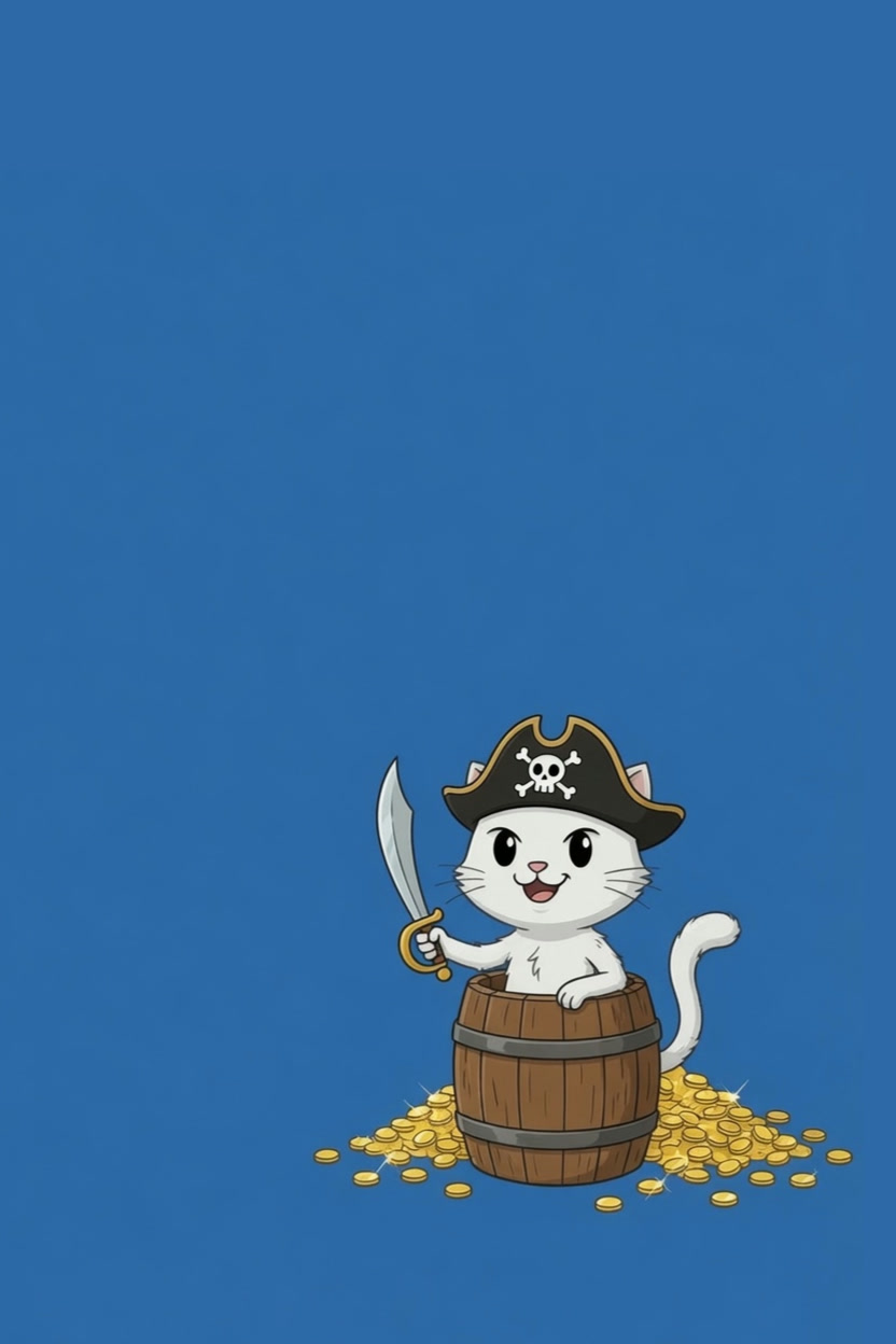 Gato pirata em um barril de moedas de ouro